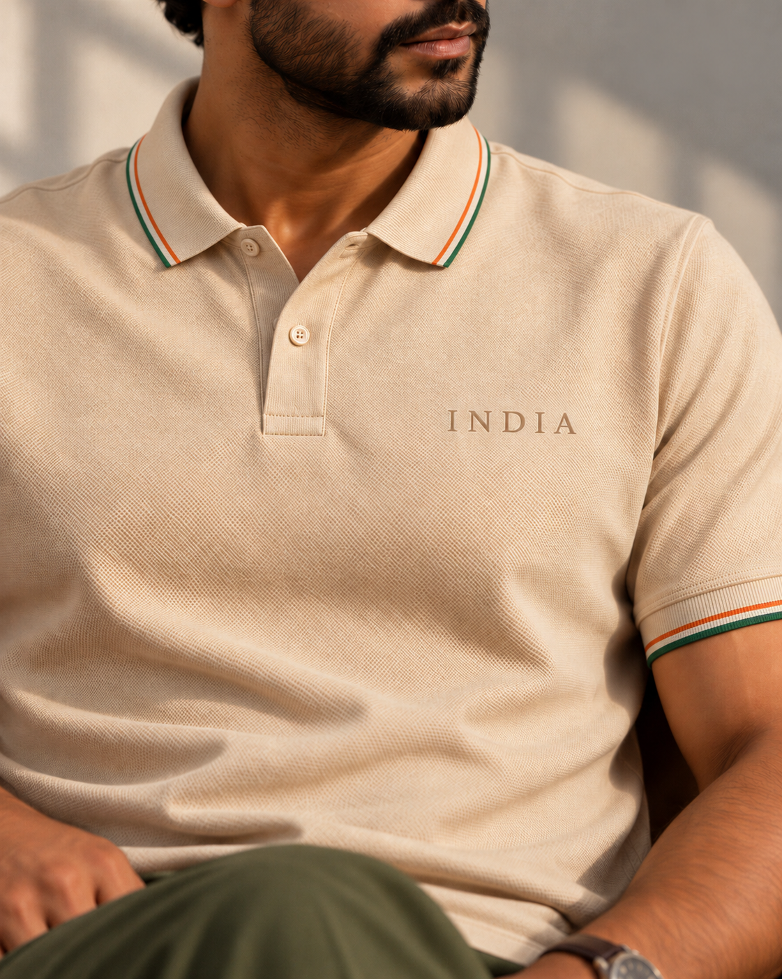A man wearing a beige short-sleeve polo shirt with green and orange striped collar and sleeve trim, featuring the word 'INDIA' printed on the chest.