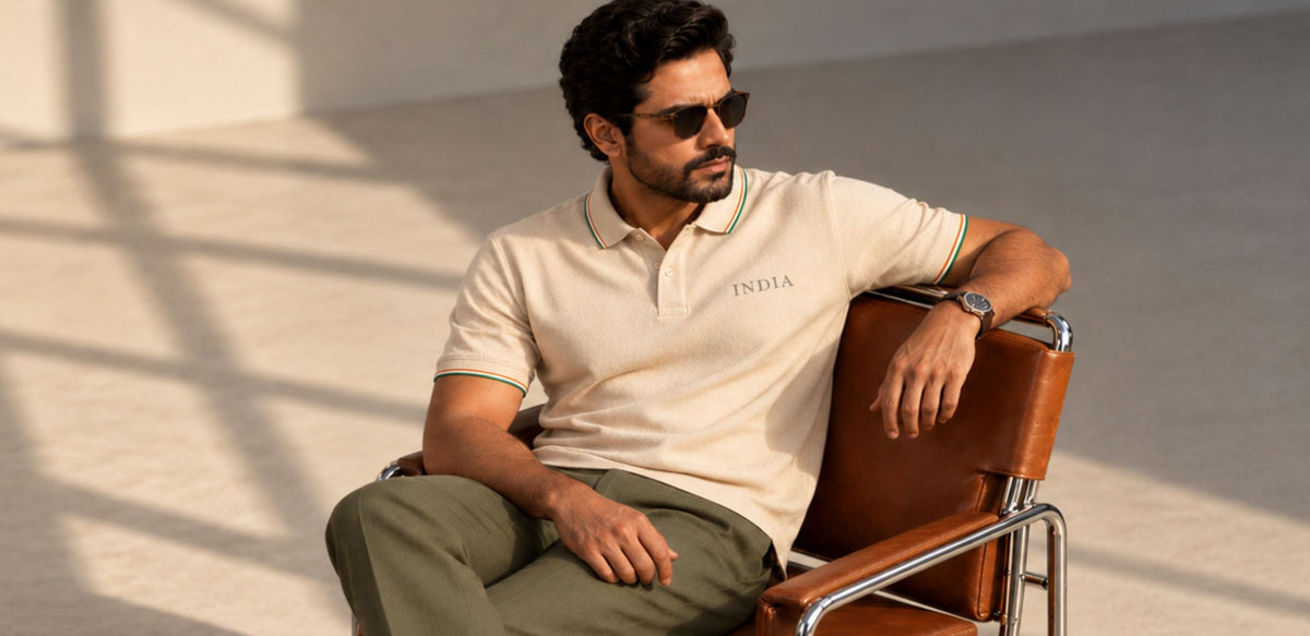 A man wearing a beige polo shirt with green and yellow stripes on the collar and sleeve cuffs, olive green trousers, and dark sunglasses, sitting in a brown leather chair